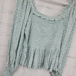 Bella Ella Boutique XL Blue Floral Smocked Long Sleeve Top Cottagecore Milkmaid